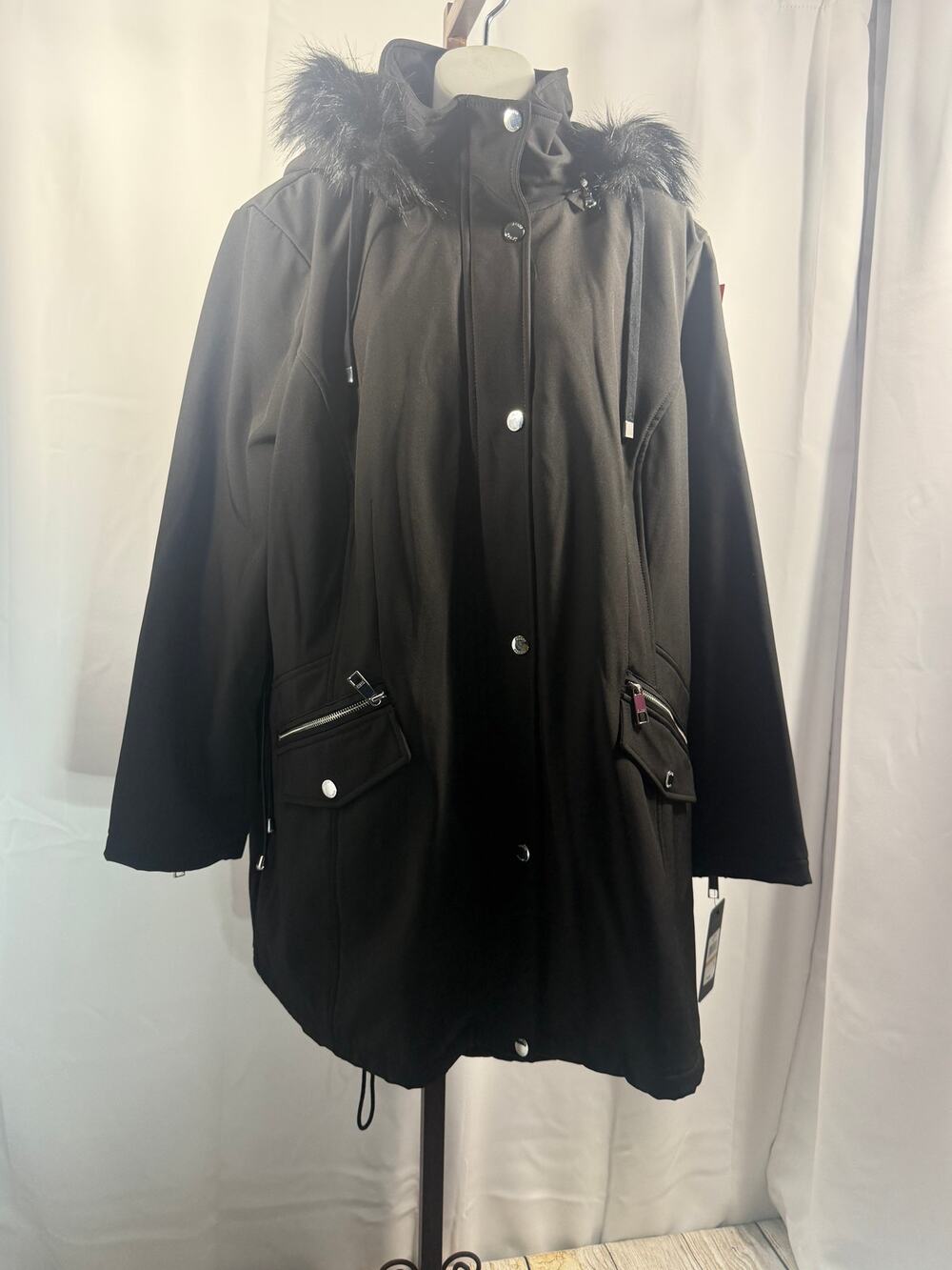 NWT GUESS Black Faux Fur Corset Lace Up Parka Coat 3X Y2K
